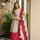 Beige Maroon Roman Silk Anarkali Palazzo Set