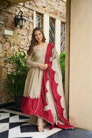 Beige Maroon Roman Silk Anarkali Palazzo Set