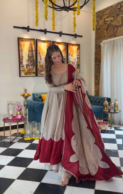 Beige Maroon Roman Silk Anarkali Palazzo Set