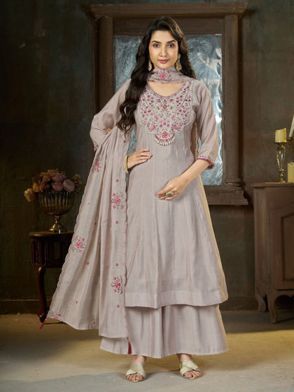 Embroidered Yoke Chanderi Kurta Palazzo Set