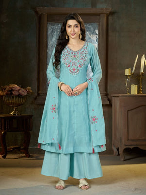 Embroidered Yoke Chanderi Kurta Palazzo Set