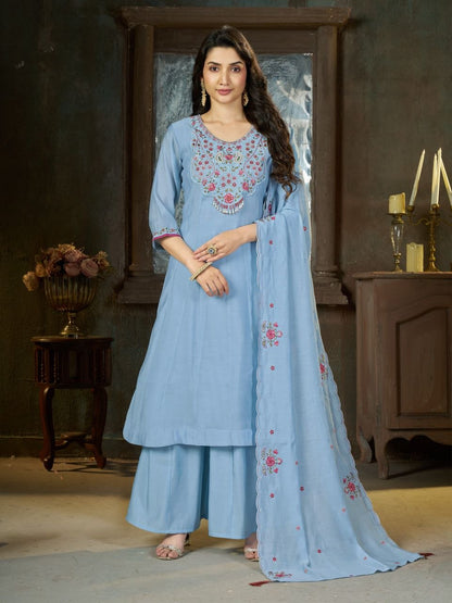 Embroidered Yoke Chanderi Kurta Palazzo Set