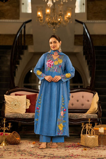 Rose Embroidered Chanderi Anarkali Set
