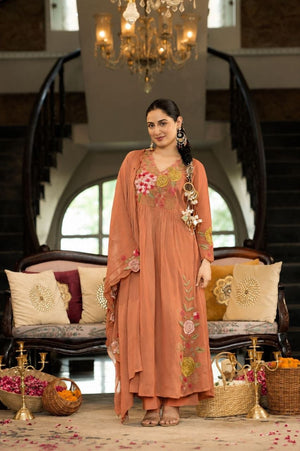 Rose Embroidered Chanderi Anarkali Set