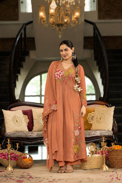Rose Embroidered Chanderi Anarkali Set