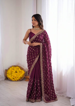 Wine Shimmer Silk Saree with Bead Lattice Work