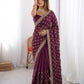 Wine Shimmer Silk Saree with Bead Lattice Work