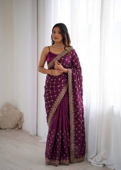 Wine Shimmer Silk Saree with Bead Lattice Work