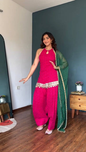 Pink Bandhani Halter Kurta Farshi Set
