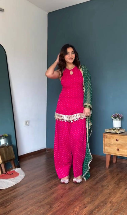 Pink Bandhani Halter Kurta Farshi Set