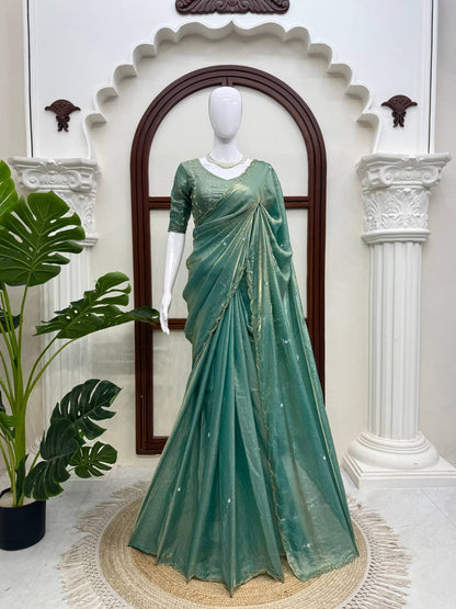 Shimmer Silk Saree with Scalloped Hand Work