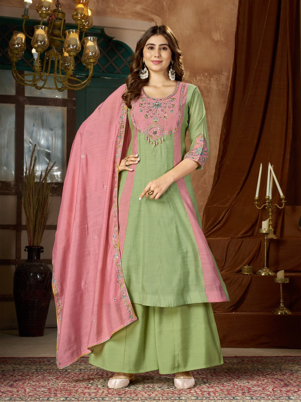 Colour Block Chanderi Anarkali Palazzo Set