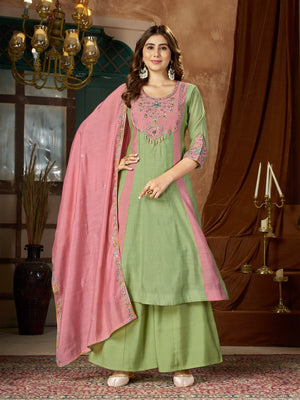 Colour Block Chanderi Anarkali Palazzo Set