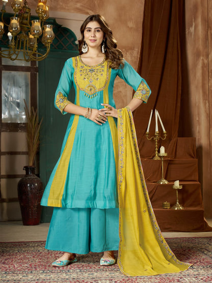 Colour Block Chanderi Anarkali Palazzo Set