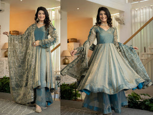 Teal Shimmer Silk Angrakha Anarkali Palazzo Set