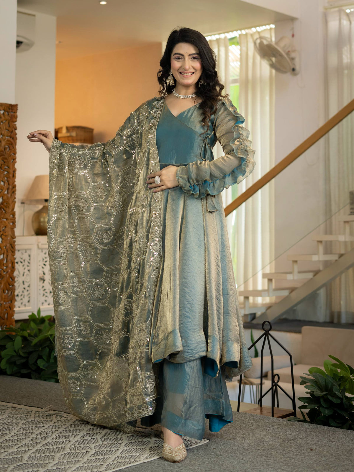 Teal Shimmer Silk Angrakha Anarkali Palazzo Set
