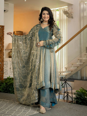 Teal Shimmer Silk Angrakha Anarkali Palazzo Set