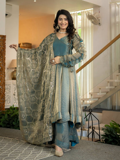 Teal Shimmer Silk Angrakha Anarkali Palazzo Set