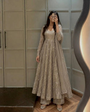 Beige Sequin Anarkali with Palazzo and Dupatta