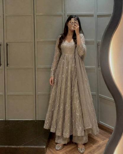Beige Sequin Anarkali with Palazzo and Dupatta