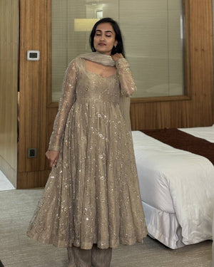 Beige Sequin Anarkali with Palazzo and Dupatta
