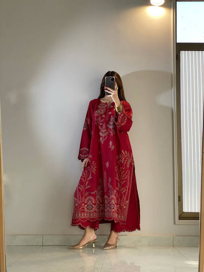 Red Chanderi Embroidered Kurta Palazzo Set