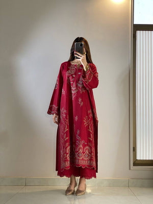 Red Chanderi Embroidered Kurta Palazzo Set