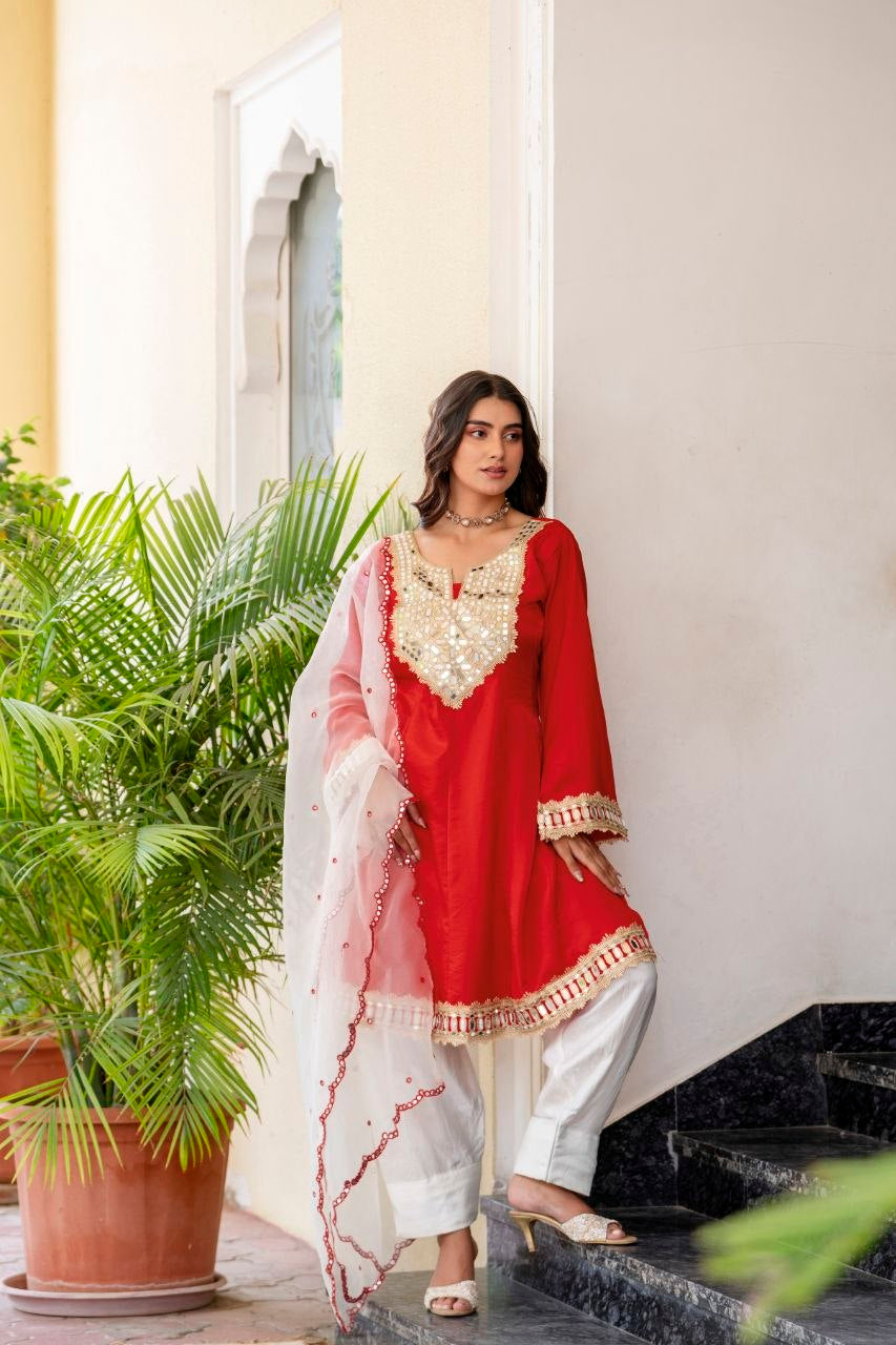Red Mirror Work Kurta Set with Organza Dupatta