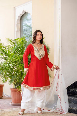 Red Mirror Work Kurta Set with Organza Dupatta