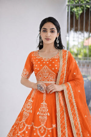 Orange Georgette Lehenga with Zari Embroidery