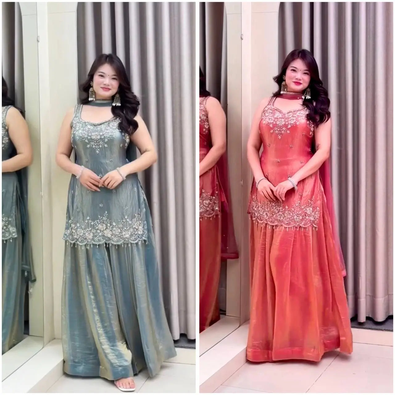 Embroidered Silk Kurti Palazzo Set with Lace Dupatta