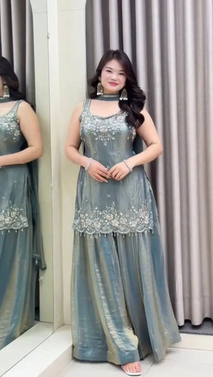 Embroidered Silk Kurti Palazzo Set with Lace Dupatta