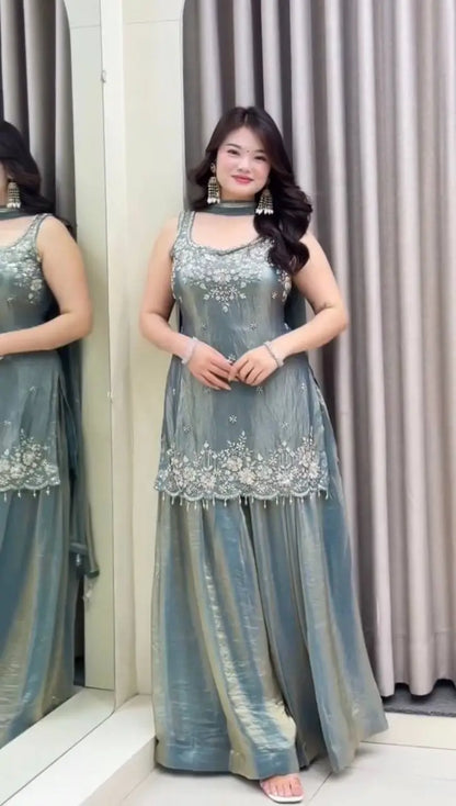 Embroidered Silk Kurti Palazzo Set with Lace Dupatta