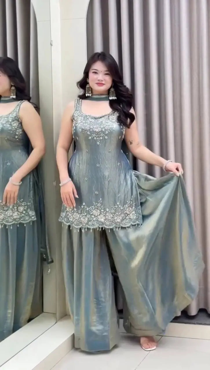 Embroidered Silk Kurti Palazzo Set with Lace Dupatta