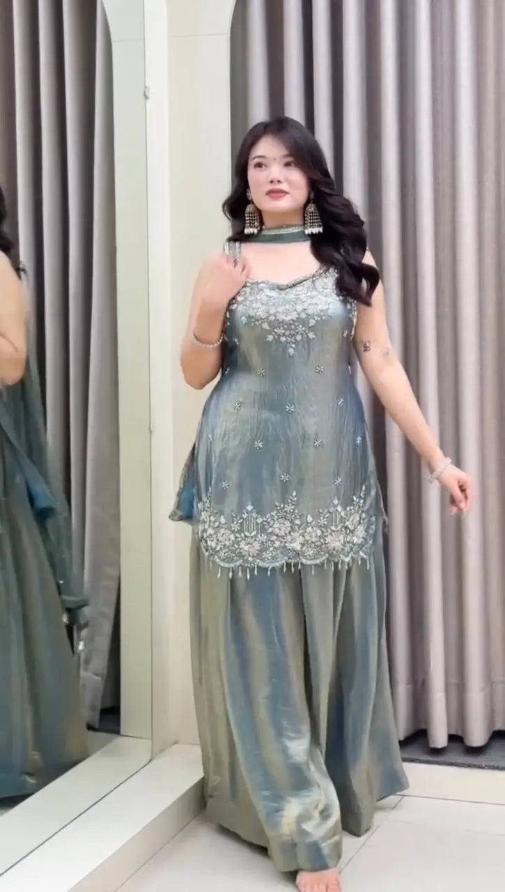 Embroidered Silk Kurti Palazzo Set with Lace Dupatta