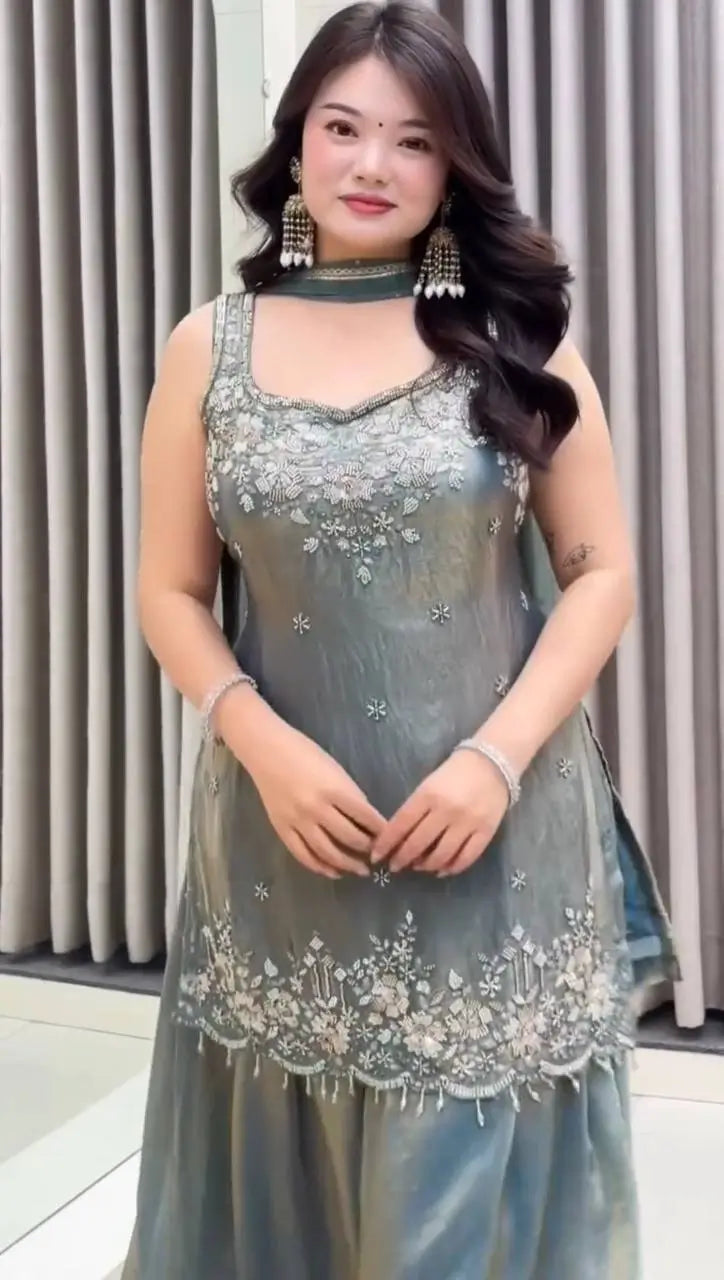 Embroidered Silk Kurti Palazzo Set with Lace Dupatta