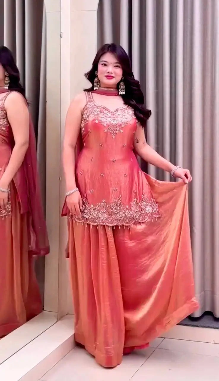 Embroidered Silk Kurti Palazzo Set with Lace Dupatta