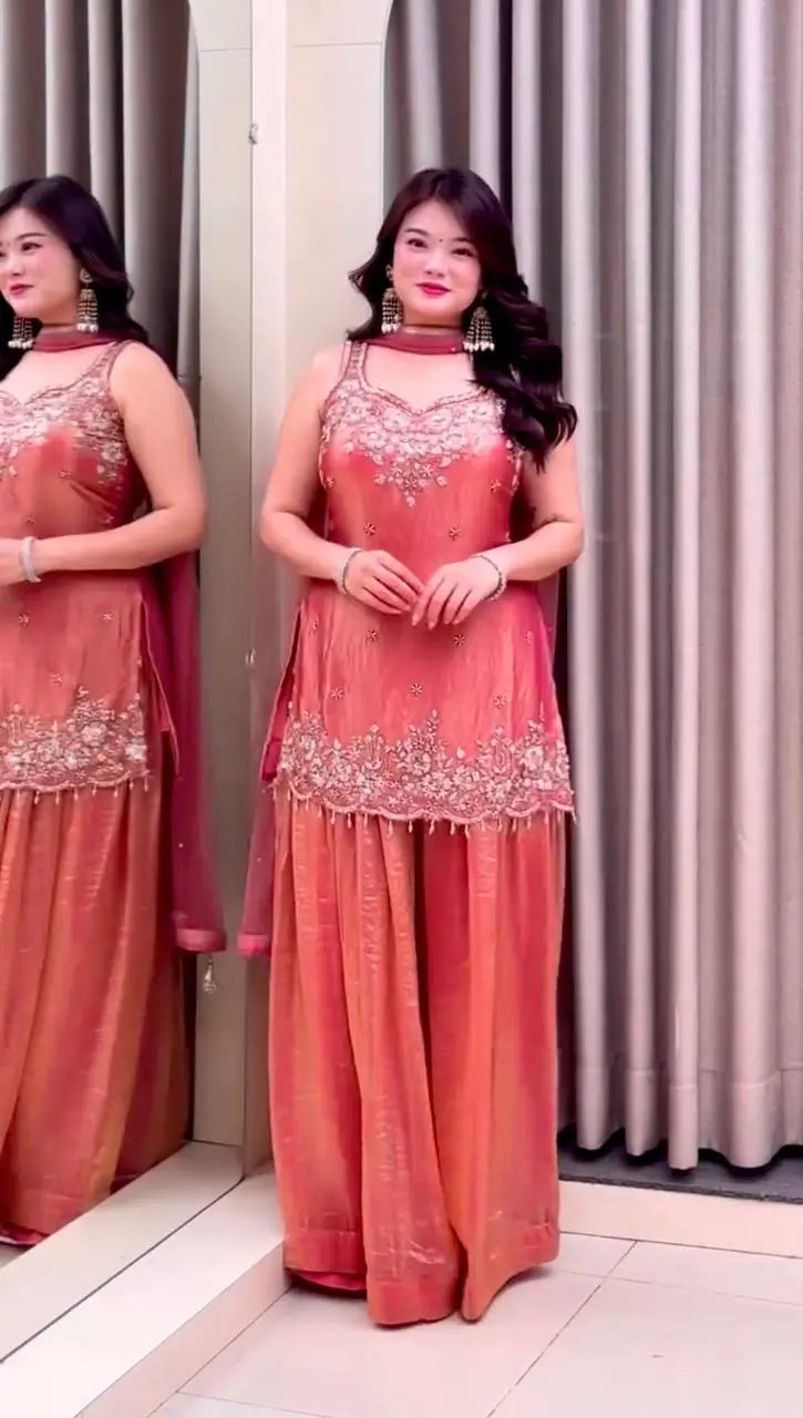 Embroidered Silk Kurti Palazzo Set with Lace Dupatta