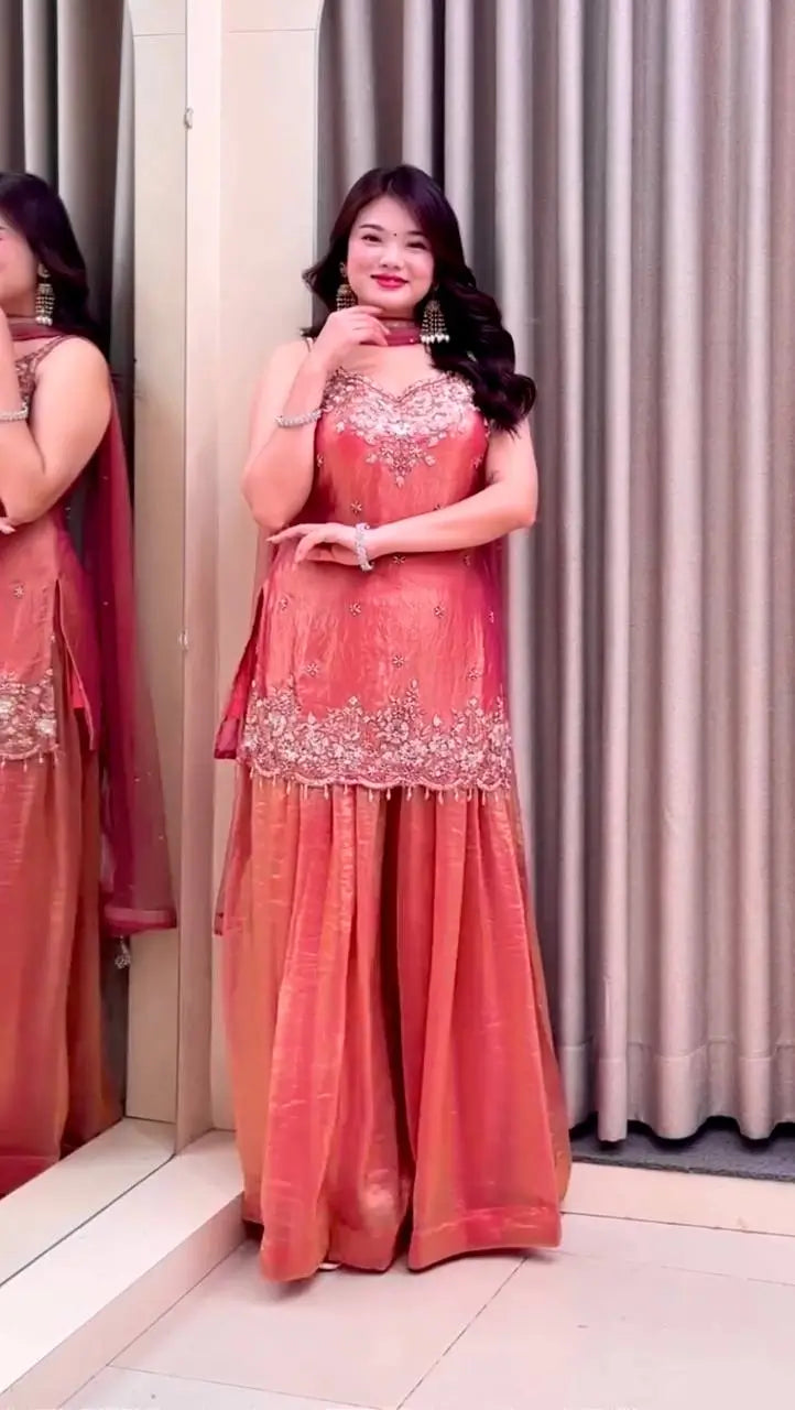 Embroidered Silk Kurti Palazzo Set with Lace Dupatta