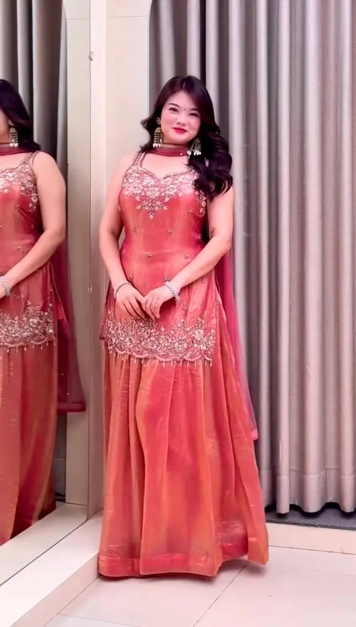 Embroidered Silk Kurti Palazzo Set with Lace Dupatta