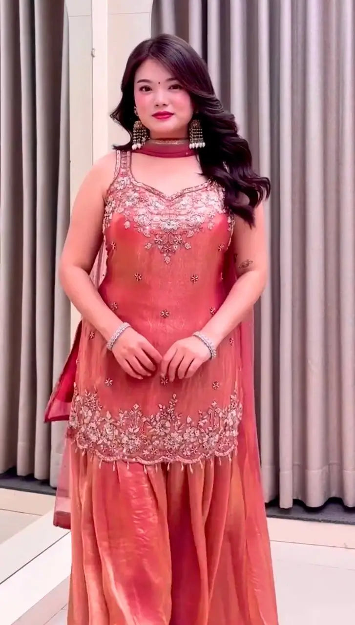 Embroidered Silk Kurti Palazzo Set with Lace Dupatta