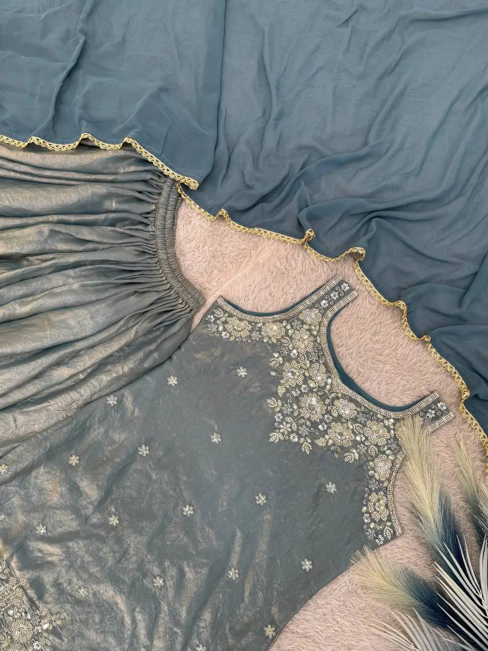 Embroidered Silk Kurti Palazzo Set with Lace Dupatta