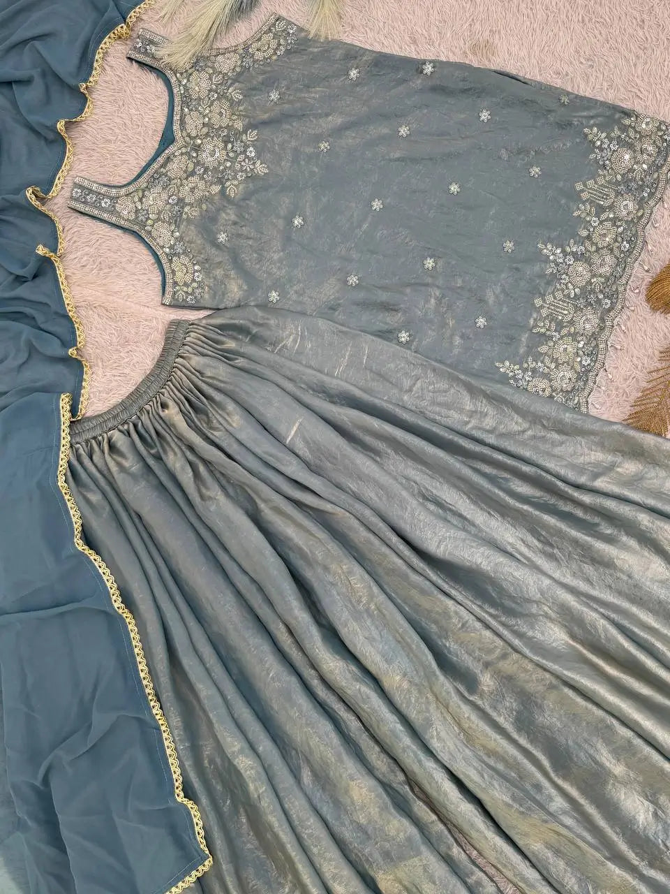 Embroidered Silk Kurti Palazzo Set with Lace Dupatta