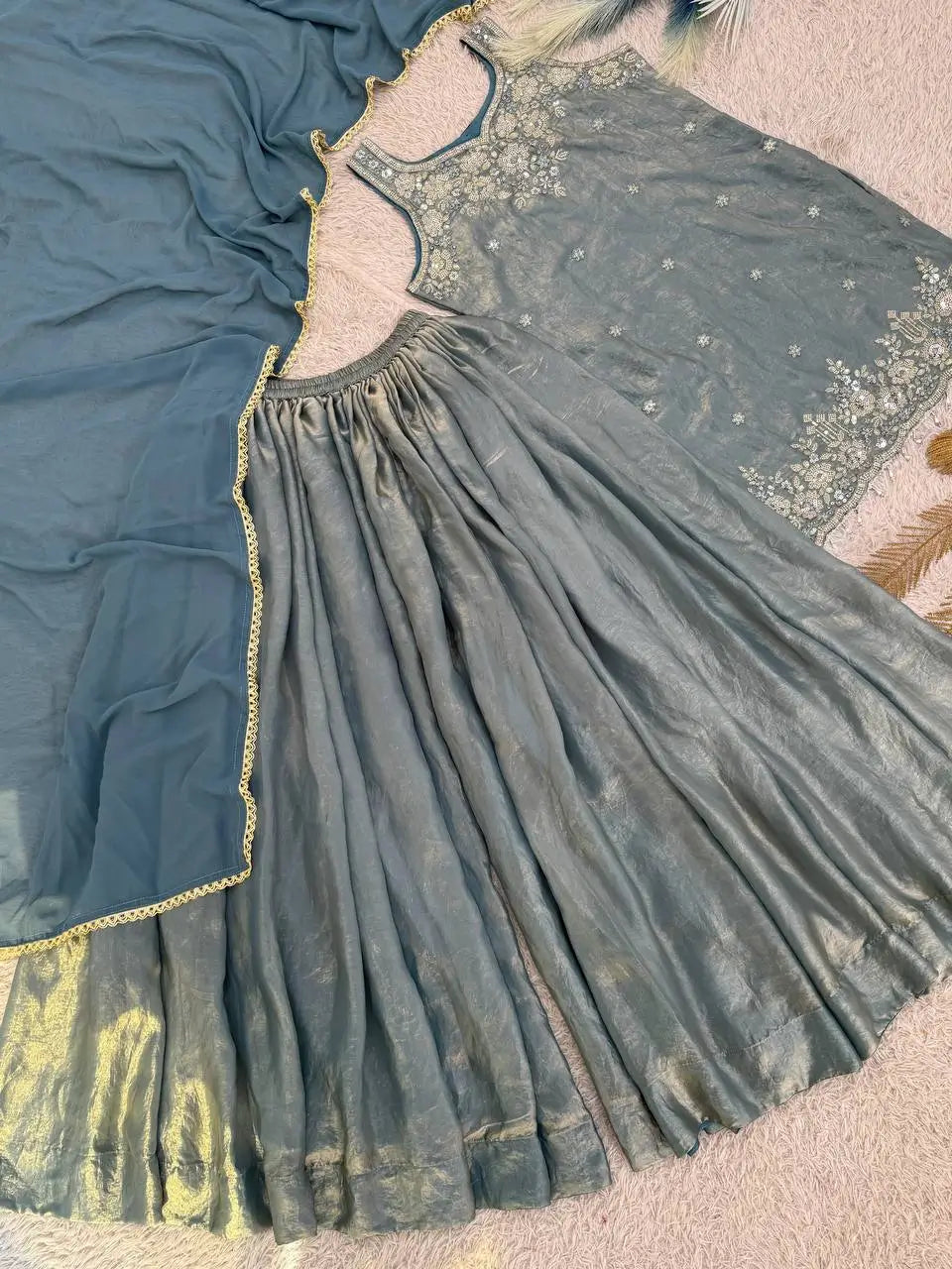 Embroidered Silk Kurti Palazzo Set with Lace Dupatta