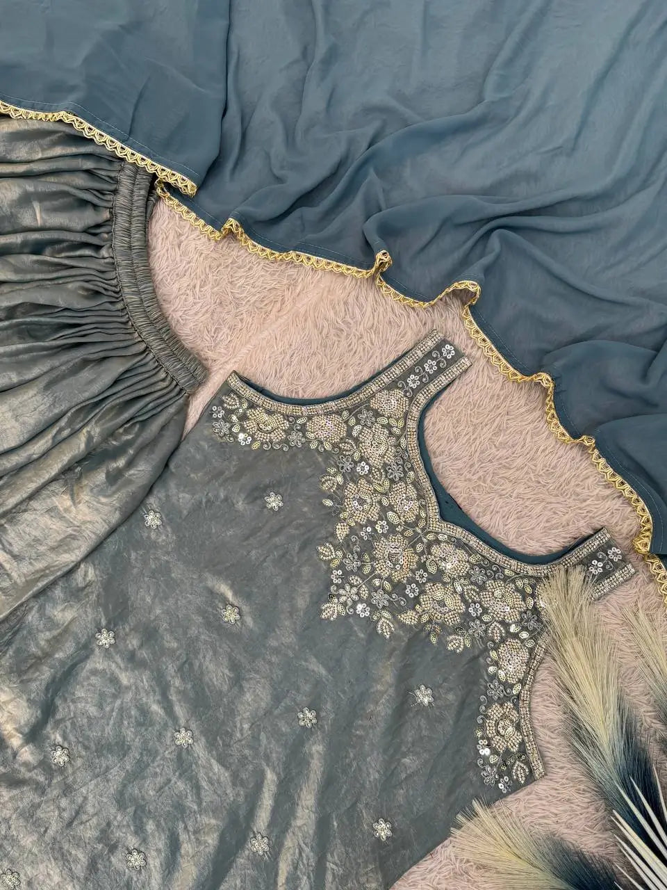 Embroidered Silk Kurti Palazzo Set with Lace Dupatta