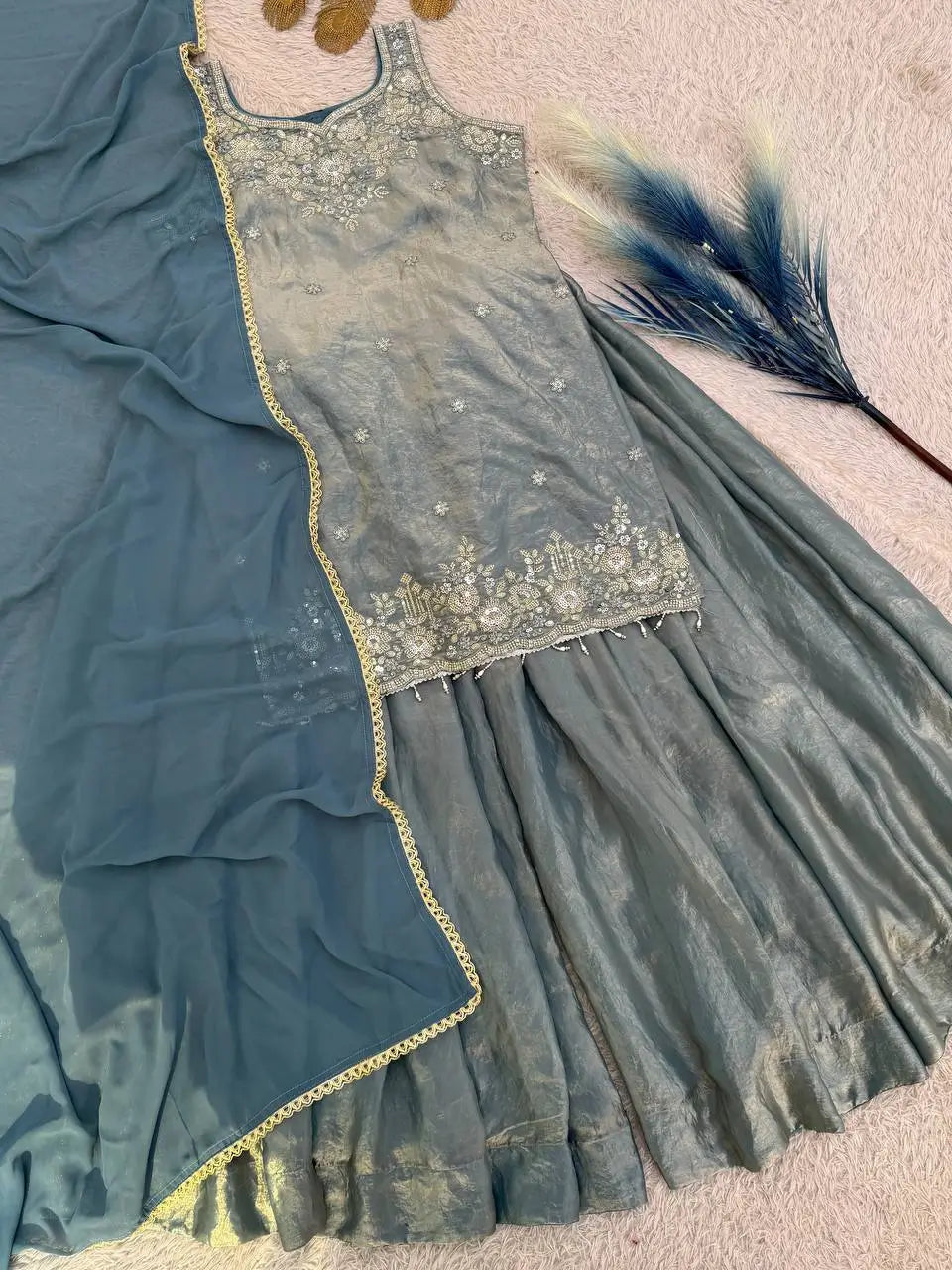 Embroidered Silk Kurti Palazzo Set with Lace Dupatta