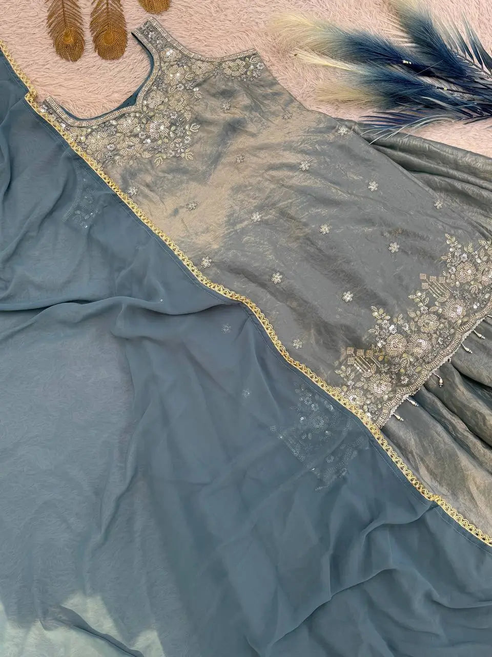 Embroidered Silk Kurti Palazzo Set with Lace Dupatta