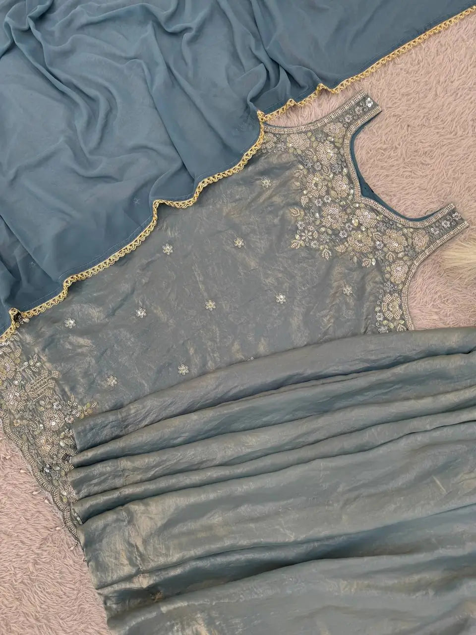 Embroidered Silk Kurti Palazzo Set with Lace Dupatta