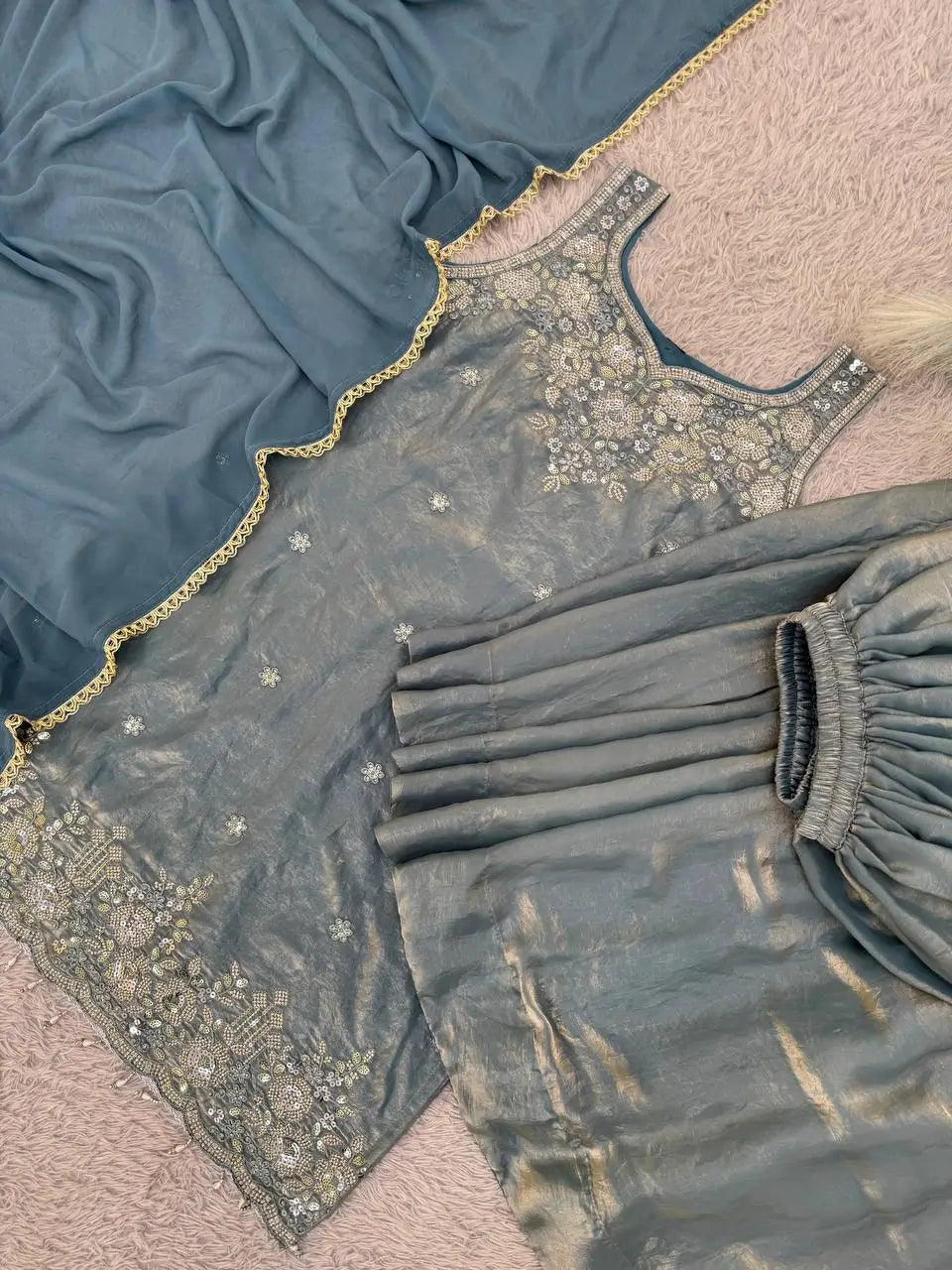 Embroidered Silk Kurti Palazzo Set with Lace Dupatta