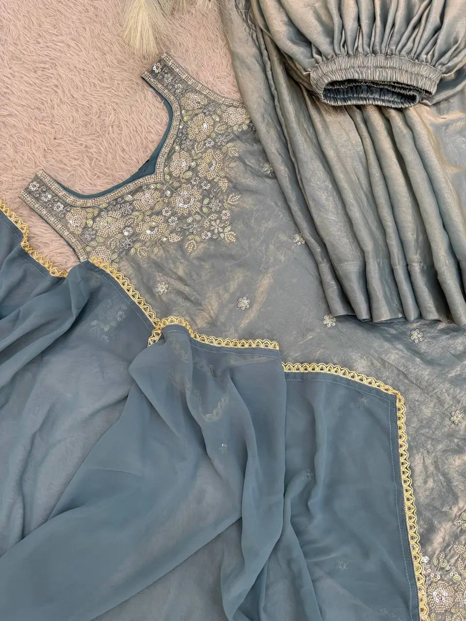 Embroidered Silk Kurti Palazzo Set with Lace Dupatta